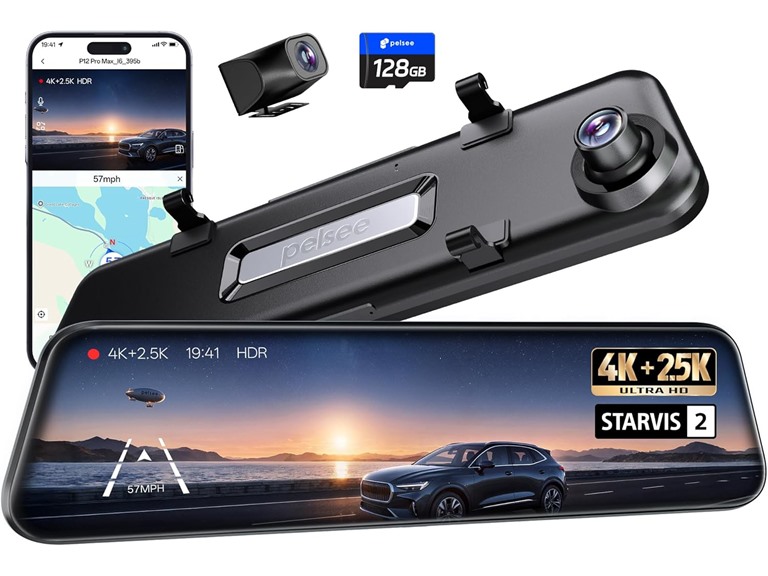 Pelsee 4K+2.5K Mirror Dash Cam | 128GB Card